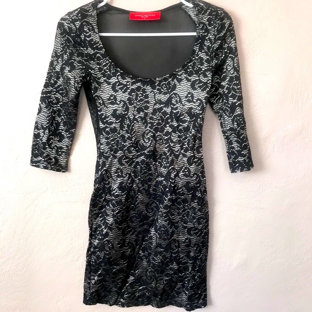AKIRA Long Sleeve Black Gold Silver Lace Floral Short Bodycon Dress Holiday
